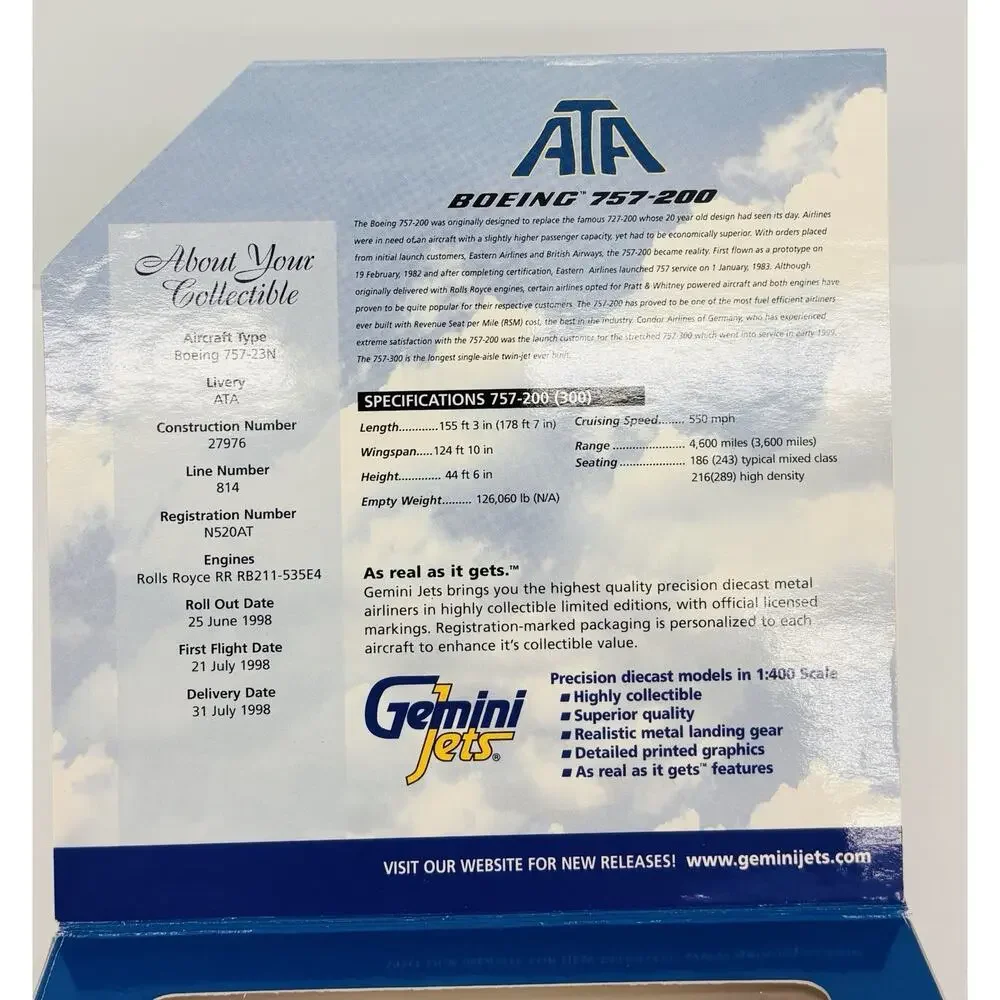 Gemini Jets 1:400 ATA 25th Anniversary Boeing 757-200 Diecast GJATA086 New